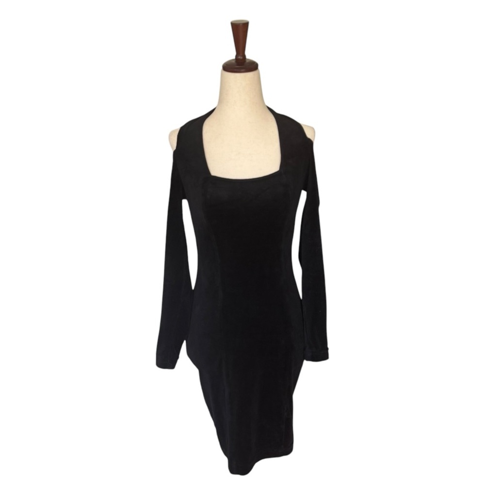 Vintage 90s YES Black Velvet Velour Bodycon Cutout Halter Mini Dress Club Goth - Picture 4 of 9